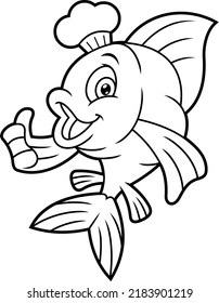 Outlined Fish Chef Cartoon Character Showing Thumbs Up. Vector Hand Drawn Illustration Isolated On White Background