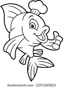 Outlined Fish Chef Cartoon Character Showing Thumbs Up. Vector Hand Drawn Illustration Isolated On Transparent Background