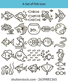 Outlined fish vector graphics, includes diverse representations of various fish, seahorse, ray, and eel. Geometric and stylized fish line art icons on a white background.