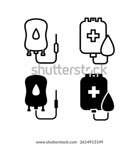 Outlined and flat glyph style blood bag icon set related to hospital, pharmacy, medical, and nursing. Stylist icon design for design element, app or print project.