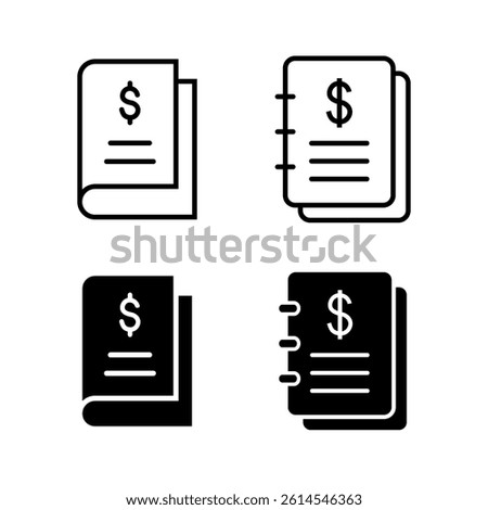 Outlined and flat glyph style ledger icon set related to accounting and banking. Stylist icon design for design element, app or print project.