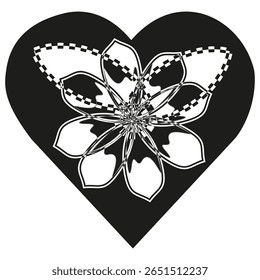 Forma de flor com contorno. Arte com simetria de pétalas. Gráfico de coração negro. Símbolo floral vetorial.