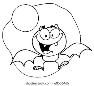 Outlined Flying Bat and Moon