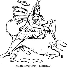 Outlined forensic reconstruction of Mithras slaying of a black bull from 4th century artwork