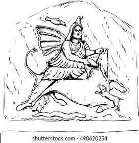 Outlined forensic reconstruction of Persian god Mithras slaying of a black bull from 4th century stone carving in Jajce, Bosnia