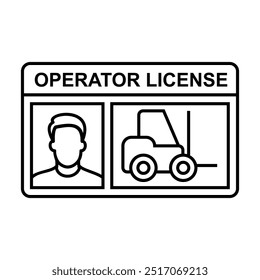 Outlined forklift operator license card vector illustration. Industrial safety management for transport. Authorized driver for operating the vehicle and heavy equipment.