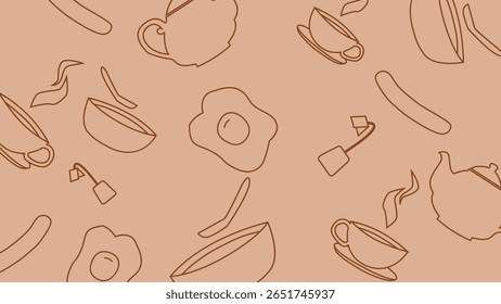 Outlined fried eggs, bowls, tea cups and sausages on warm brown background. A fun and cozy design for breakfast visuals.