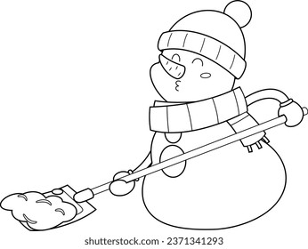 Outlined Friendly Snowman Cartoon Character Holding A Broom And Waving. Vector Hand Drawn Illustration Isolated On Transparent Background