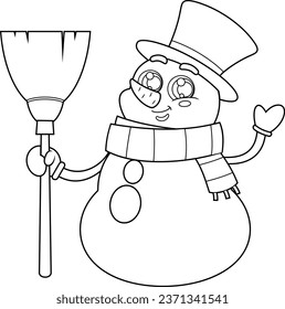 Outlined Friendly Snowman Cartoon Character Holding A Broom And Waving. Vector Hand Drawn Illustration Isolated On Transparent Background