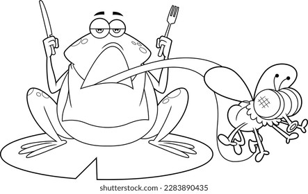 Outlined Frog Cartoon Character On A Leaf Catching Fly. Vector Hand Drawn Illustration Isolated On Transparent Background