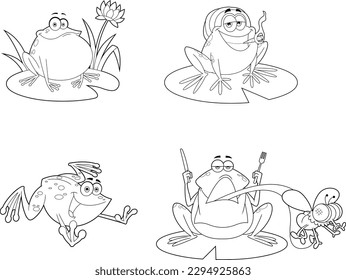 Outlined Frog Cartoon Characters. Vector Hand Drawn Collection Set Isolated On Transparent Background