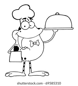 Outlined Frog Cartoon Mascot Character Chef Serving Food In A Sliver Platter