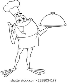 Outlined Frog Chef Cartoon Character Holding A Sliver Platter And Giving A Thumbs Up. Vector Hand Drawn Illustration Isolated On Transparent Background