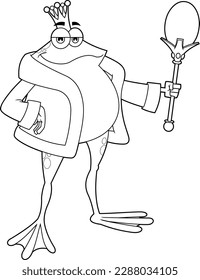 Outlined Frog Prince With Crown Cartoon Character Holding Scepter. Vector Hand Drawn Illustration Isolated On Transparent Background