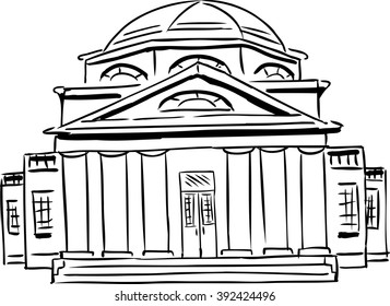 Outlined front view on single church with six tuscan style columns and domical roof