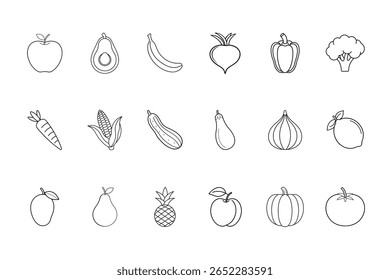 Conjunto de legumes de frutas esboçado incluindo abacate de maçã beterraba de banana pimenta brócolis cenoura pepino de milho