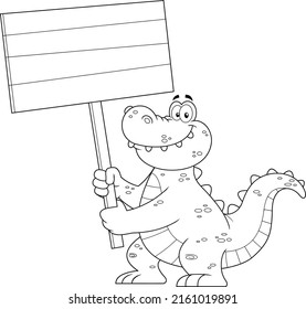 Outlined Funny Alligator Or Crocodile Cartoon Character Holding Up A Wooden Sign. Vector Hand Drawn Illustration Isolated On White Background