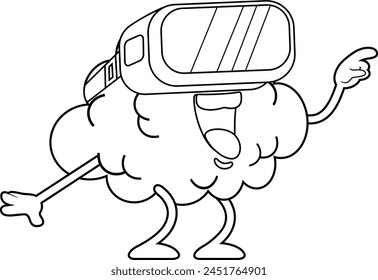 Outlined Funny Brain Cartoon Character Using Virtual Reality Glasses. Vector Hand Drawn Illustration Isolated On Transparent Background