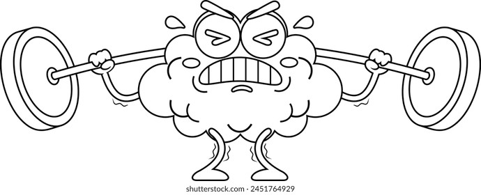 Outlined Funny Brain Cartoon Character Lifting Weights. Vector Hand Drawn Illustration Isolated On Transparent Background