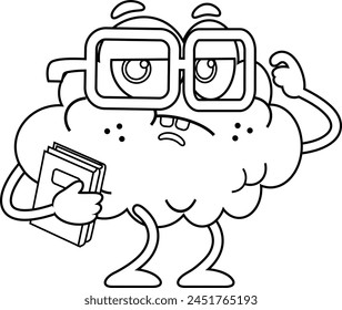 Personaje De Dibujos Animados De Cerebro Divertido Con Un Libro De Texto Y Piensa. Vector Dibujado A Mano Ilustración Aislado Sobre Fondo Transparente