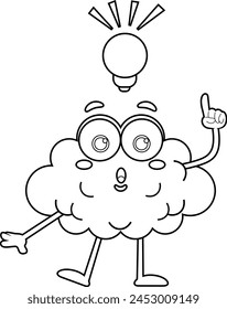 Outlined Funny Brain Cartoon Character Having A Bright Idea With A Light Bulb. Vector Hand Drawn Illustration Isolated On Transparent Background