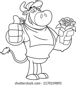 Outlined Funny Bull Cartoon Character Giving The Thumbs Up And Holding A Burrito. Vector Hand Drawn Illustration Isolated On White Background