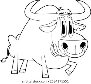 Outlined Funny Bull Cartoon Character Running. Vector Hand Drawn Illustration Isolated On Transparent Background