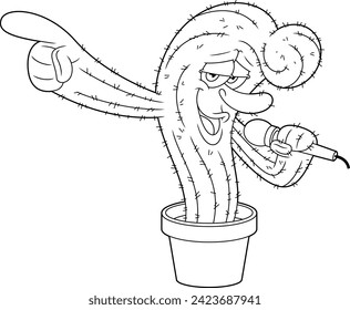 Outlined Funny Cactus Cartoon Character In Pot Singing Into A Microphone. Vector Hand Drawn Illustration Isolated On Transparent Background