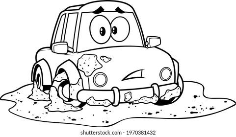 Outlined Funny Car Cartoon Character Stuck Mud Dirty Puddle. Vector Hand Drawn Illustration Isolated On Transparent Background