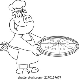 Outlined Funny Chef Pig Cartoon Mascot Character Holding A Big Pepperoni Pizza. Vector Hand Drawn Illustration Isolated On White Background
