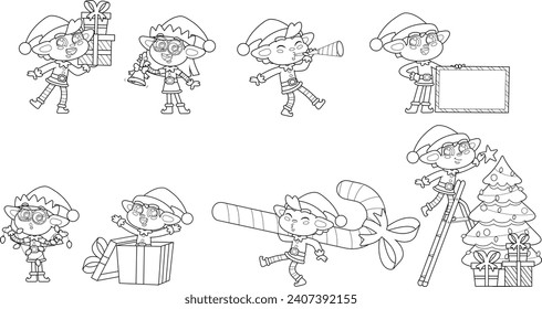 Outlined Funny Christmas Elf Cartoon Characters. Vector Hand Drawn Collection Set Isolated On Transparent Background