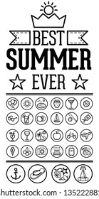 Outlined Funny and Cool Summer Icon Vintage Set Collection