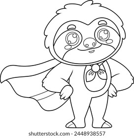 Outlined Funny Cute Sloth Cartoon Character SuperHero. Vector Hand Drawn Illustration Isolated On Transparent Background