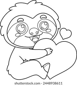 Outlined Funny Cute Sloth Cartoon Character Holding A Heart. Vector Hand Drawn Illustration Isolated On Transparent Background