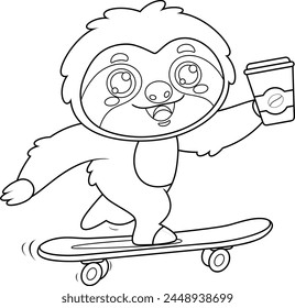 Outlined Funny Cute Sloth Cartoon Character Skateboarding With Coffee. Vector Hand Drawn Illustration Isolated On Transparent Background