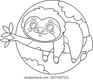 Outlined Funny Cute Sloth Cartoon Character Lies On Thick Branch Of Tree. Vector Hand Drawn Illustration Isolated With Background
