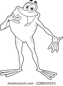 Outlined Funny Frog Cartoon Character Singing. Vector Hand Drawn Illustration Isolated On Transparent Background