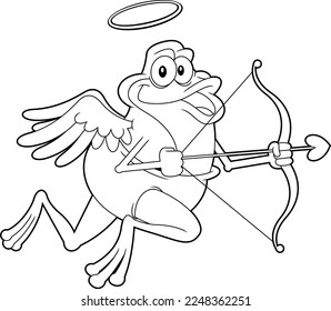 Outlined Funny Frog Cupid Cartoon Character With Bow And Arrow Flying. Vector Hand Drawn Illustration Isolated On Transparent Background