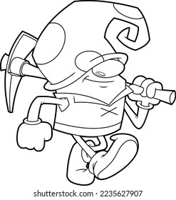 Outlined Funny Gnome Or Dwarf Cartoon Character Miner Walking With Pickaxe. Vector Hand Drawn Illustration Isolated On Transparent Background