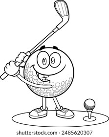 Personaje De Dibujos Animados De Pelota De Golf Divertido Delineado Balanceando Un Club. Vector Dibujado A Mano Ilustración Aislado Sobre Fondo Transparente