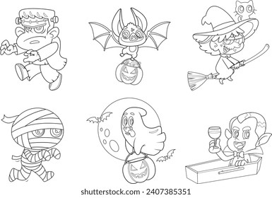 Outlined Funny Halloween Cartoon Characters. Vector Hand Drawn Collection Set Isolated On Transparent Background