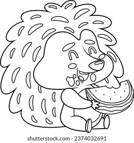 Outlined Funny Hedgehog Cartoon Character Eating Watermelon. Vector Hand Drawn Illustration Isolated On Transparent Background