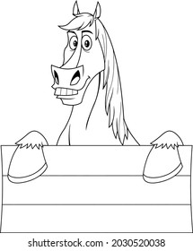 Outlined Funny Horse Cartoon Mascot Character Over A Blank Wooden Sign Board. Vector Hand Drawn Illustration Isolated On Transparent Background