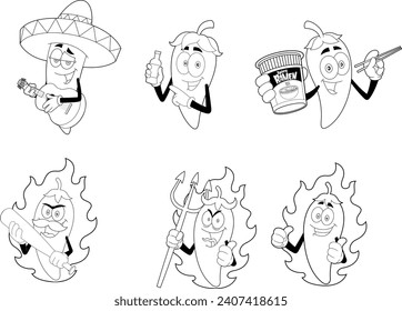 Outlined Funny Hot Chili Pepper Cartoon Characters. Vector Hand Drawn Collection Set Isolated On Transparent Background
