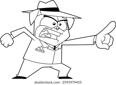 Outlined Funny Mafia Pug Cartoon Character in Suit and Hat Pointing Aggressively. Vector Hand Drawn Illustration Isolated On Transparent Background