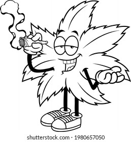 Dargestellt Funny Marijuana Leaf Cartoon-Charakter Rauchen Sie ein Joint. handgezeichnete Vektorgrafik einzeln auf transparentem Hintergrund
