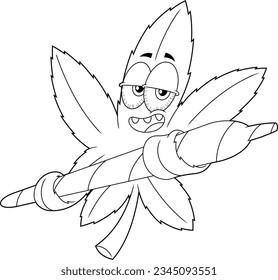 Darunter der Funny Marijuana Leaf Cartoon Charakter, der eine große Joint hält. handgezeichnete Vektorgrafik einzeln auf transparentem Hintergrund
