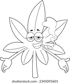 Caricatura De Hojas De Marihuana, Graciosa Y Graciosa, Fumando Un Conjunto Con Brazos Abiertos. Ilustración dibujada a mano vectorial aislada en fondo transparente