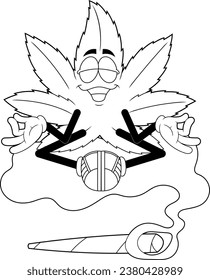 Esbozo Funny Caricatura De Hojas De Marihuana Fumando Un Gran Cigarrillo. Ilustración dibujada a mano vectorial aislada en fondo transparente