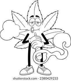 Outlined Funny Marijuana Leaf Cartoon Character Smoking A Big Joint Cigarette. Vector Hand Drawn Illustration Isolated On Transparent Background